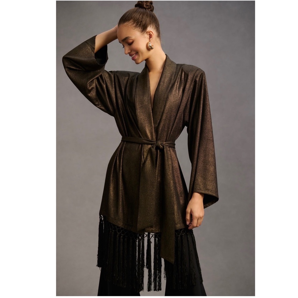 Anthropologie Metallic Fringe Kimono Duster Jacket - Picture 5 of 7
